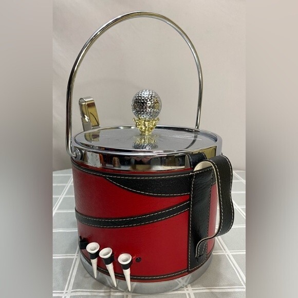 Vintage MCM Golf Theme Ice Bucket Silver Red Black Ice Tongs Golf Tee - Picture 2 of 9
